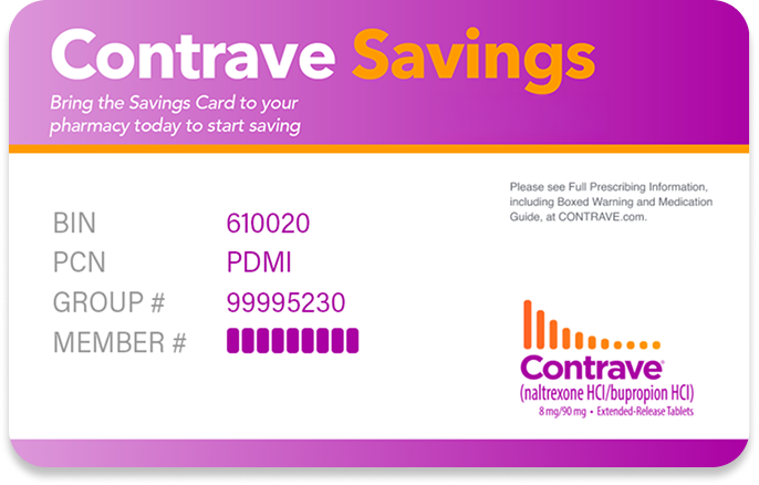Front view of the CONTRAVE® (naltrexone HCl/bupropion HCl) savings card