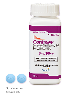 CONTRAVE® (naltrexone HCl/bupropion HCl) and tablets. Not shown to actual size